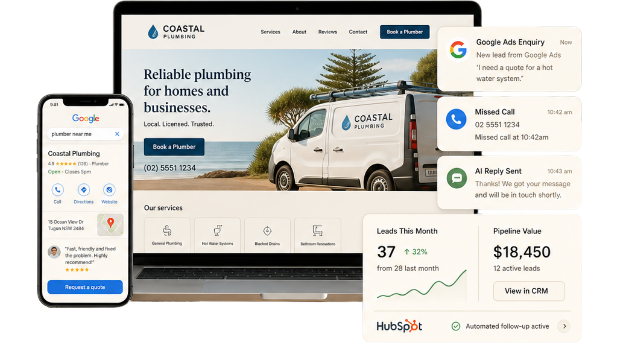 Example local business website, Google listing, ad enquiry, missed call follow-up and CRM dashboard
